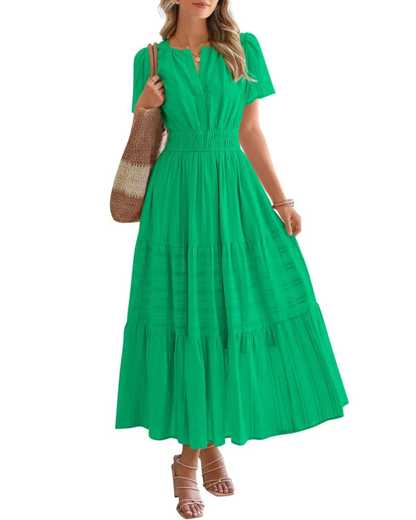 Women's Boho Maxi Dress with Pockets — Flowy V-Neck Short-Sleeve Summer Dress
