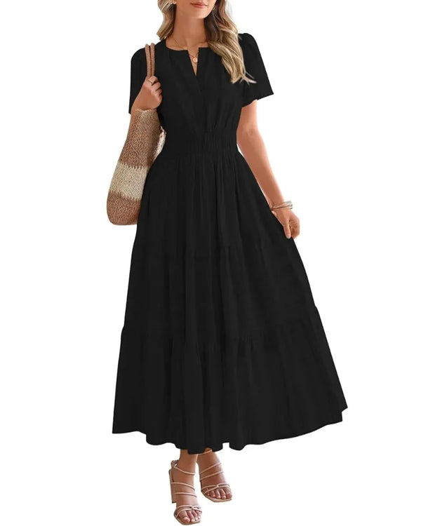 Women's Boho Maxi Dress with Pockets — Flowy V-Neck Short-Sleeve Summer Dress