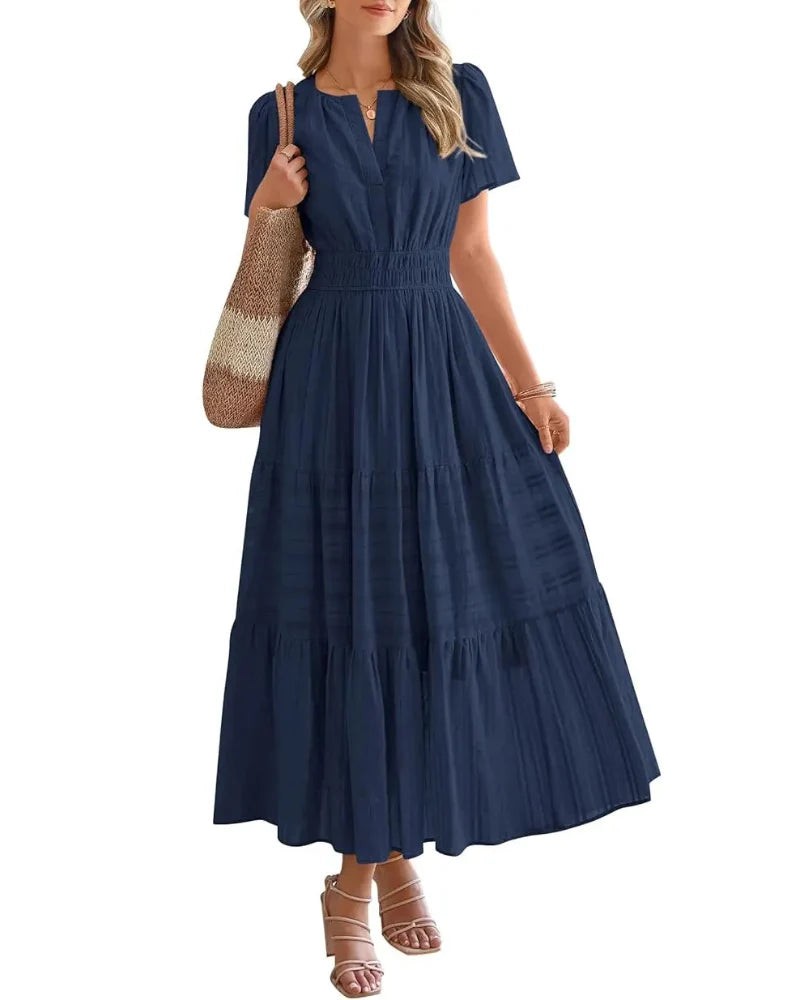 Women's Boho Maxi Dress with Pockets — Flowy V-Neck Short-Sleeve Summer Dress