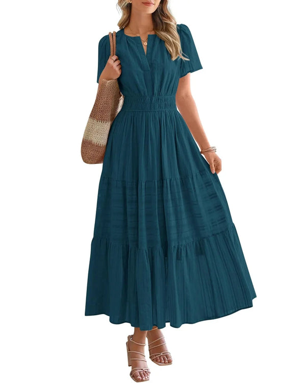 Women's Boho Maxi Dress with Pockets — Flowy V-Neck Short-Sleeve Summer Dress