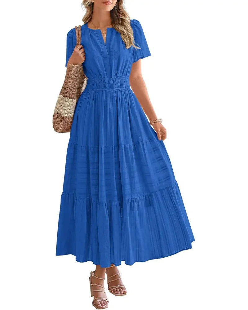 Women's Boho Maxi Dress with Pockets — Flowy V-Neck Short-Sleeve Summer Dress