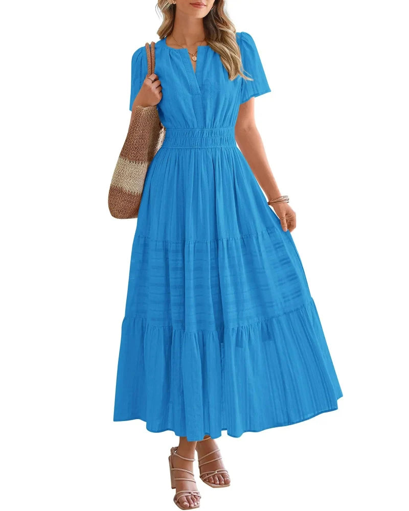 Women's Boho Maxi Dress with Pockets — Flowy V-Neck Short-Sleeve Summer Dress