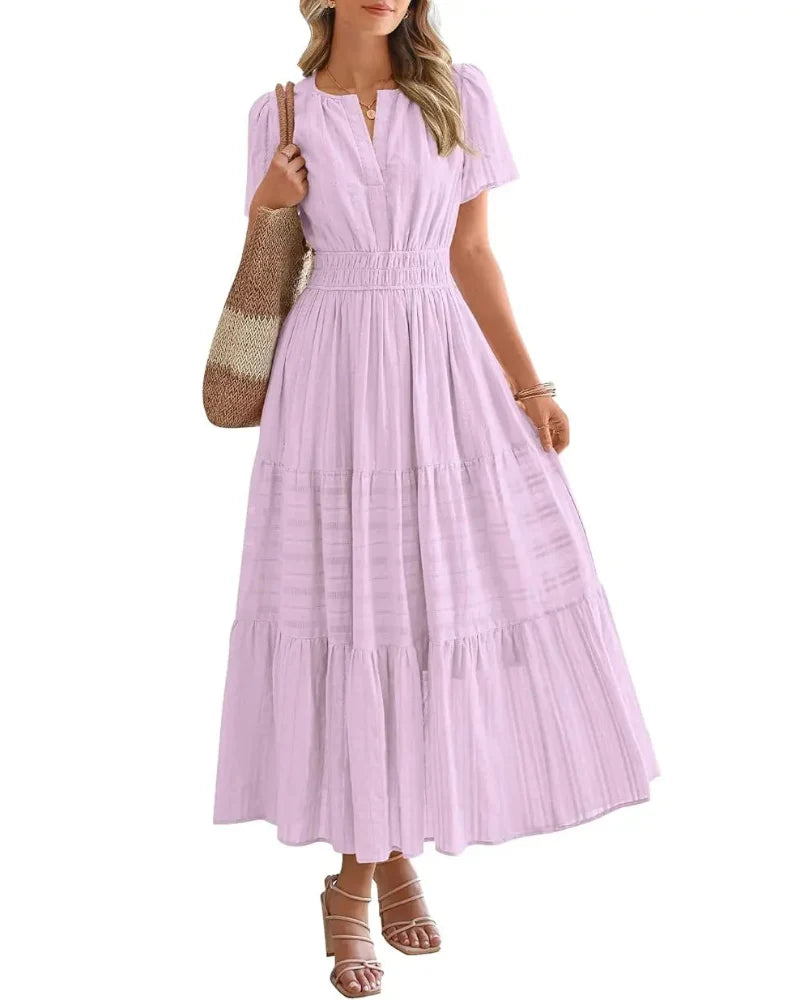 Women's Boho Maxi Dress with Pockets — Flowy V-Neck Short-Sleeve Summer Dress