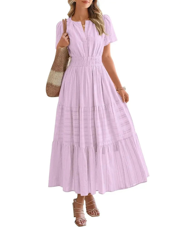 Women's Boho Maxi Dress with Pockets — Flowy V-Neck Short-Sleeve Summer Dress
