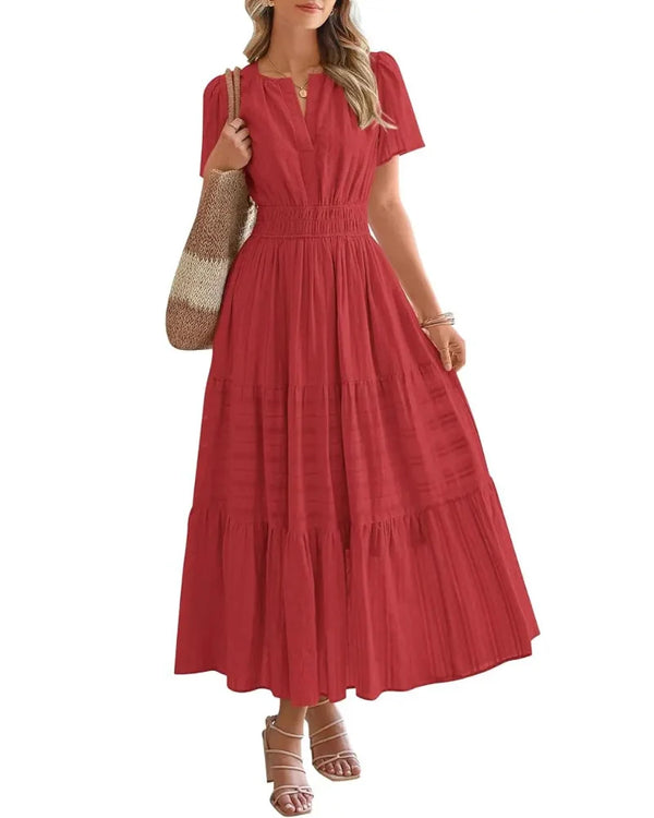 Women's Boho Maxi Dress with Pockets — Flowy V-Neck Short-Sleeve Summer Dress