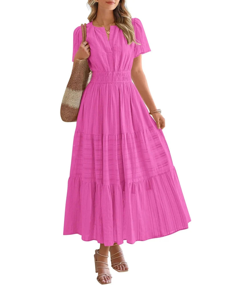 Women's Boho Maxi Dress with Pockets — Flowy V-Neck Short-Sleeve Summer Dress
