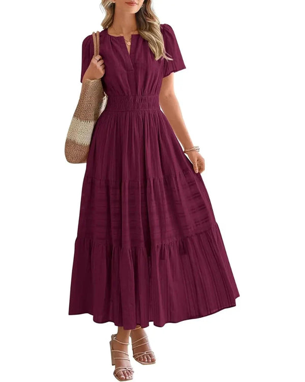 Women's Boho Maxi Dress with Pockets — Flowy V-Neck Short-Sleeve Summer Dress