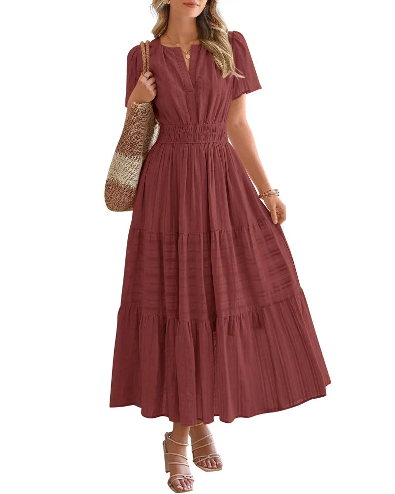 Women's Boho Maxi Dress with Pockets — Flowy V-Neck Short-Sleeve Summer Dress
