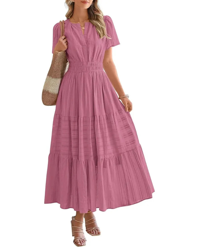 Women's Boho Maxi Dress with Pockets — Flowy V-Neck Short-Sleeve Summer Dress