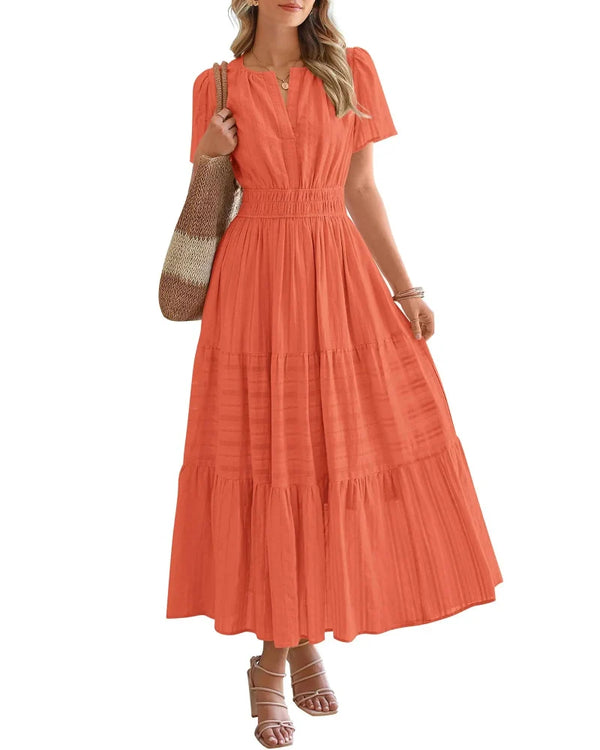 Women's Boho Maxi Dress with Pockets — Flowy V-Neck Short-Sleeve Summer Dress