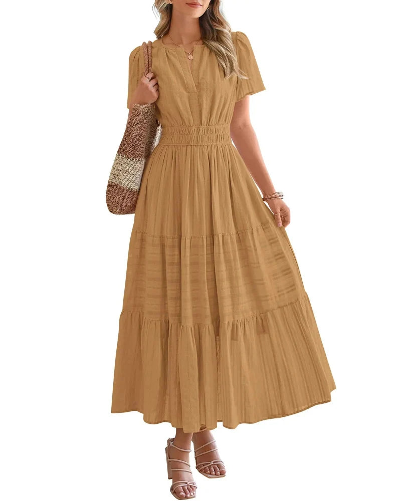 Women's Boho Maxi Dress with Pockets — Flowy V-Neck Short-Sleeve Summer Dress