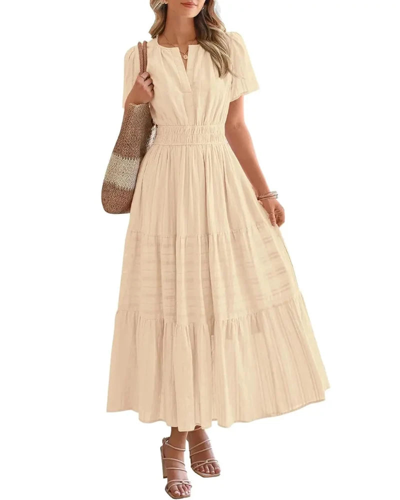 Women's Boho Maxi Dress with Pockets — Flowy V-Neck Short-Sleeve Summer Dress
