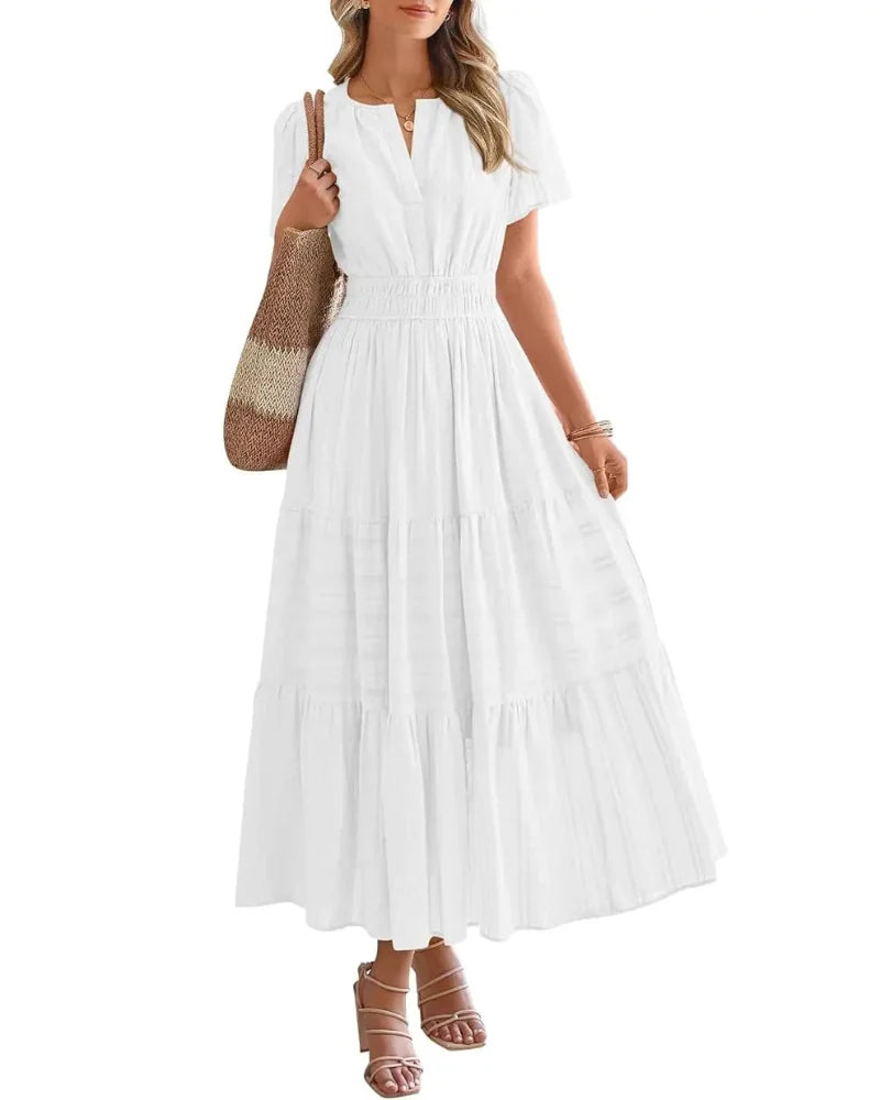 Women's Boho Maxi Dress with Pockets — Flowy V-Neck Short-Sleeve Summer Dress