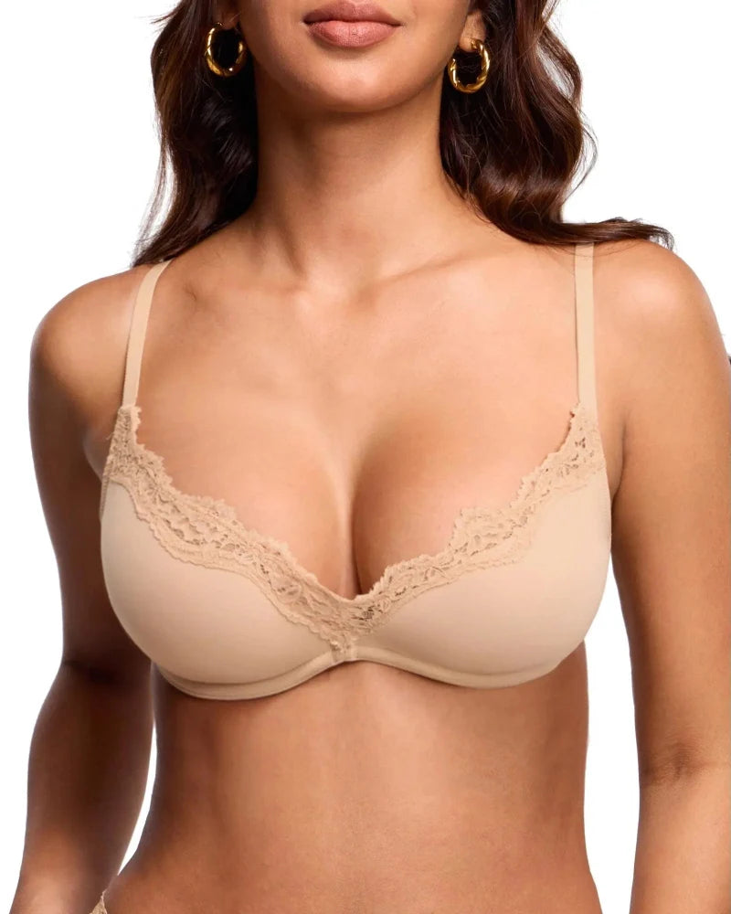 Lace-Trim Balconette Bra with Underwire – Sexy Deep-V Demi Cup