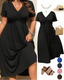 Plus Size V-Neck Ruched Midi Dress, Short Sleeve, Flowy A-Line Summer Dress