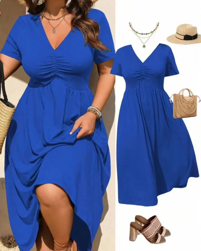Plus Size V-Neck Ruched Midi Dress, Short Sleeve, Flowy A-Line Summer Dress