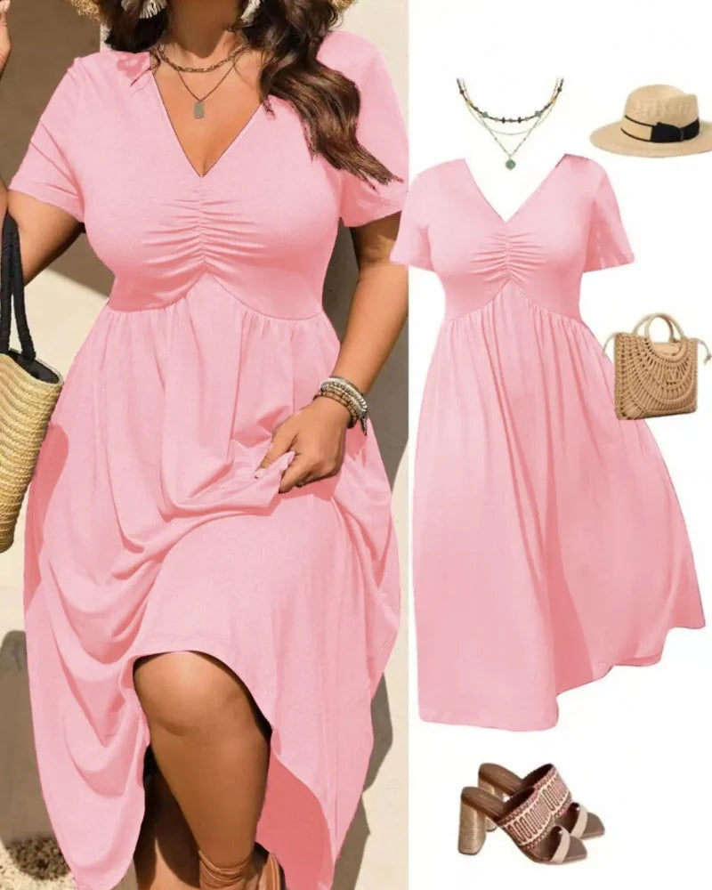 Plus Size V-Neck Ruched Midi Dress, Short Sleeve, Flowy A-Line Summer Dress