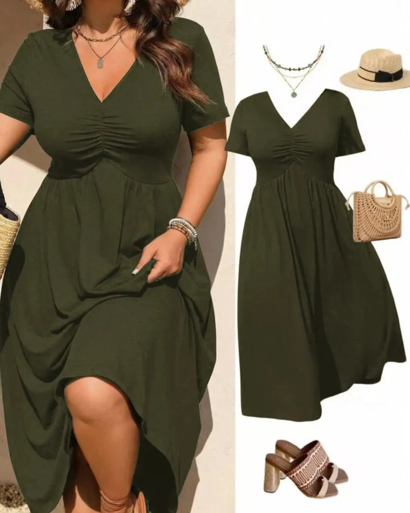 Plus Size V-Neck Ruched Midi Dress, Short Sleeve, Flowy A-Line Summer Dress