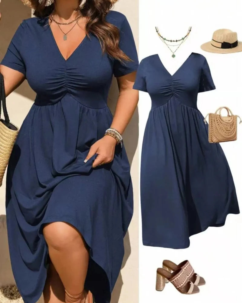 Plus Size V-Neck Ruched Midi Dress, Short Sleeve, Flowy A-Line Summer Dress