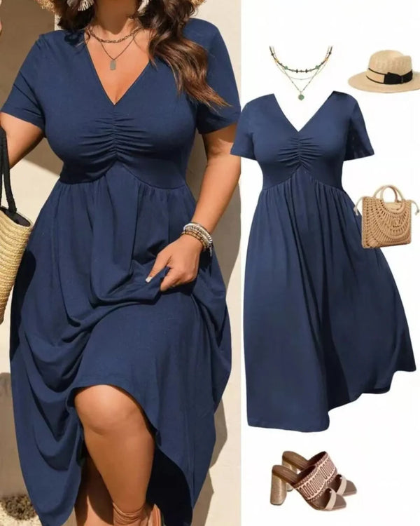 Plus Size V-Neck Ruched Midi Dress, Short Sleeve, Flowy A-Line Summer Dress