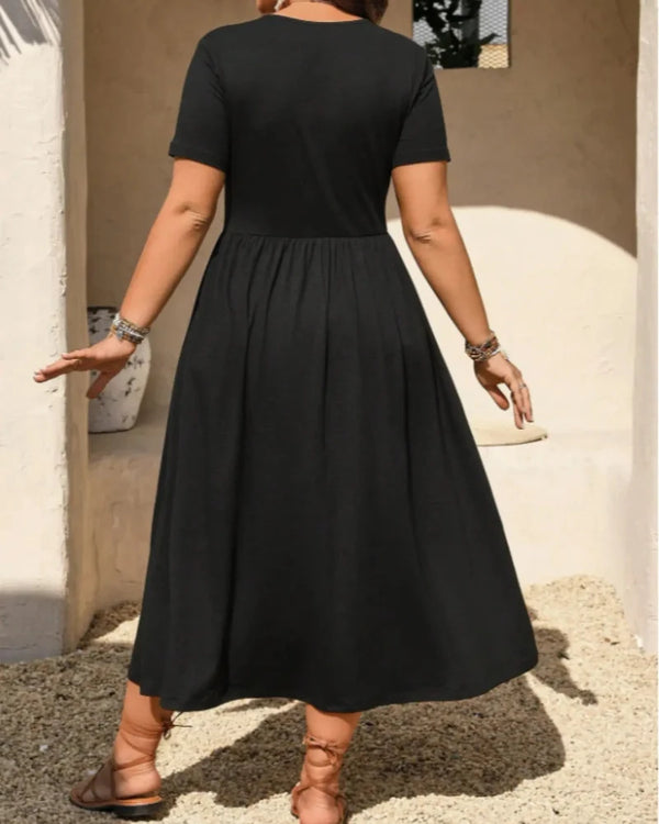 Plus Size V-Neck Ruched Midi Dress, Short Sleeve, Flowy A-Line Summer Dress