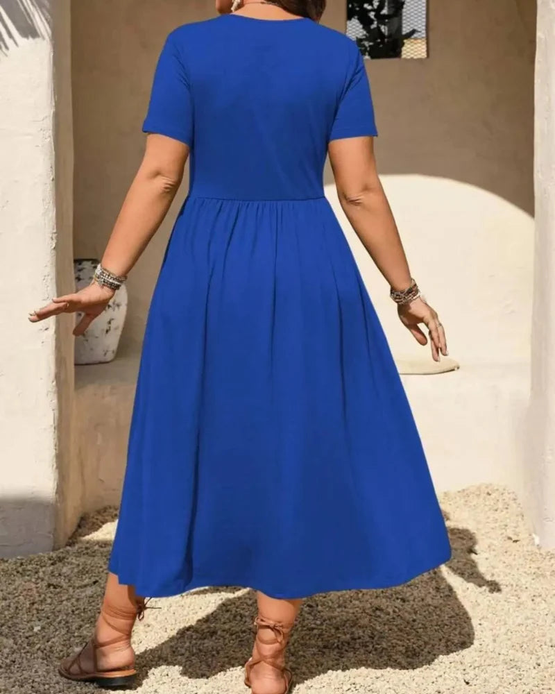 Plus Size V-Neck Ruched Midi Dress, Short Sleeve, Flowy A-Line Summer Dress