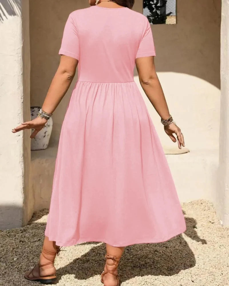 Plus Size V-Neck Ruched Midi Dress, Short Sleeve, Flowy A-Line Summer Dress