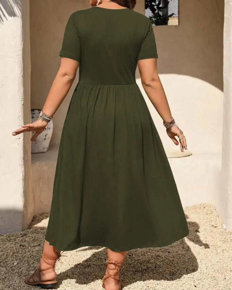 Plus Size V-Neck Ruched Midi Dress, Short Sleeve, Flowy A-Line Summer Dress