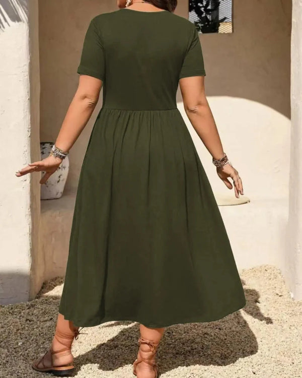 Plus Size V-Neck Ruched Midi Dress, Short Sleeve, Flowy A-Line Summer Dress