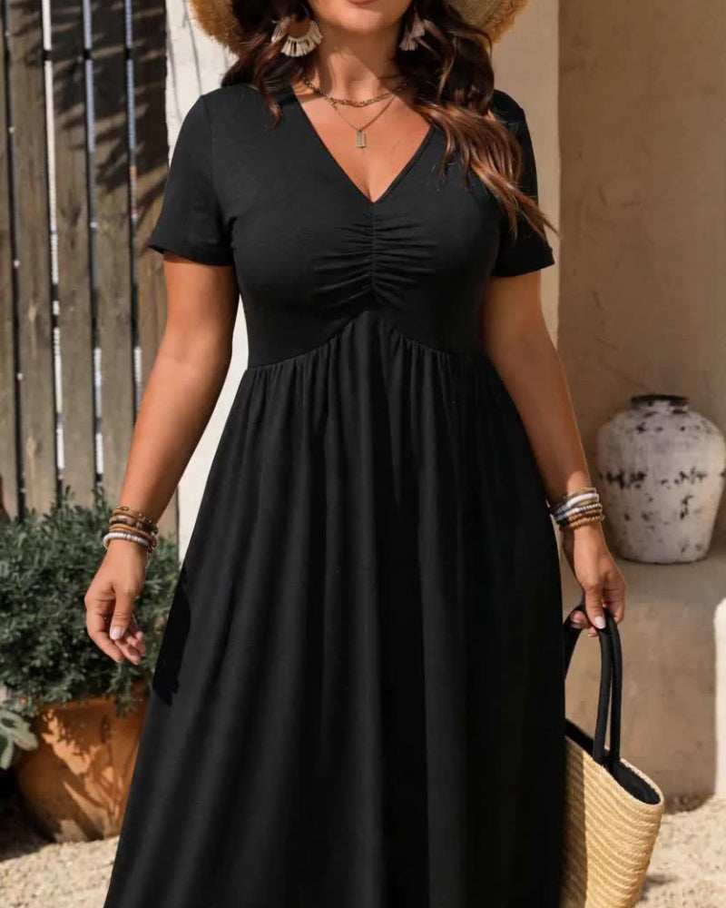 Plus Size V-Neck Ruched Midi Dress, Short Sleeve, Flowy A-Line Summer Dress