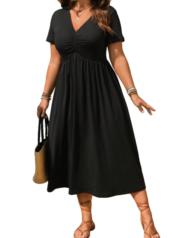 Plus Size V-Neck Ruched Midi Dress, Short Sleeve, Flowy A-Line Summer Dress