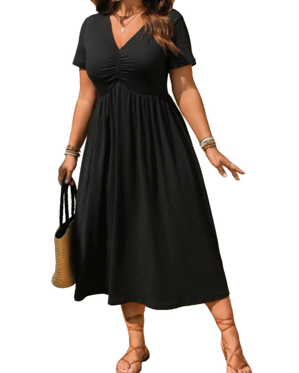 Plus Size V-Neck Ruched Midi Dress, Short Sleeve, Flowy A-Line Summer Dress
