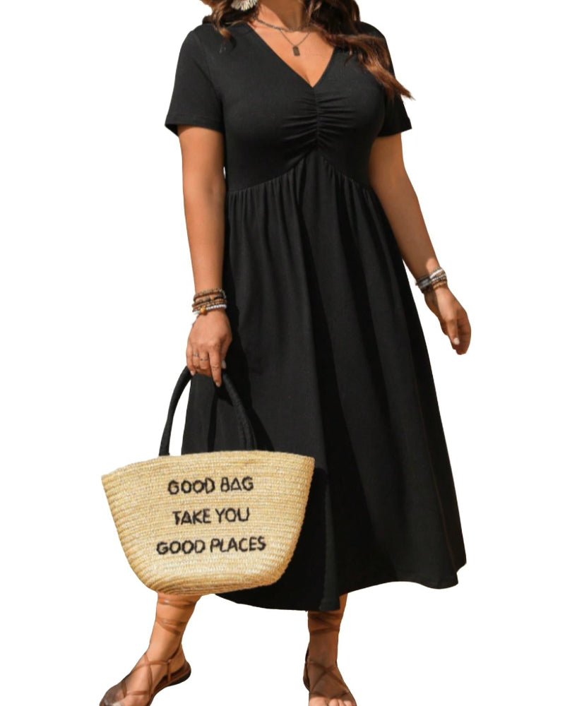 Plus Size V-Neck Ruched Midi Dress, Short Sleeve, Flowy A-Line Summer Dress