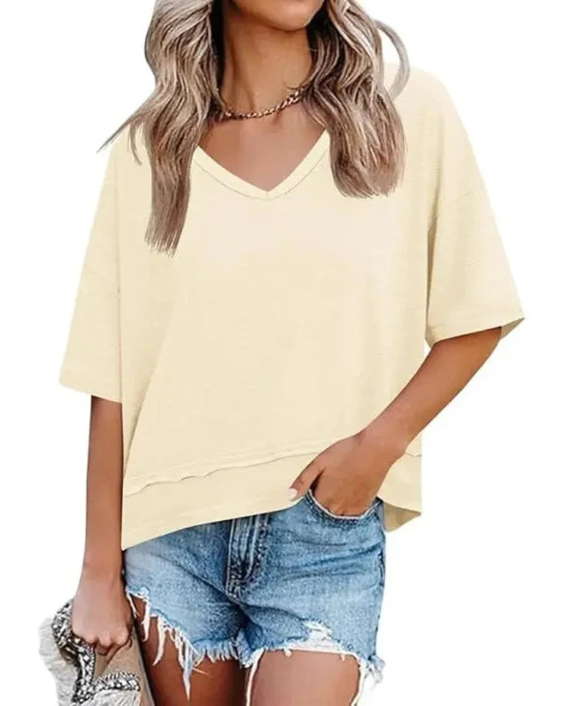 Women's V-Neck Summer Tee - Relaxed Fit Short-Sleeve Casual Top for Everyday Comfort