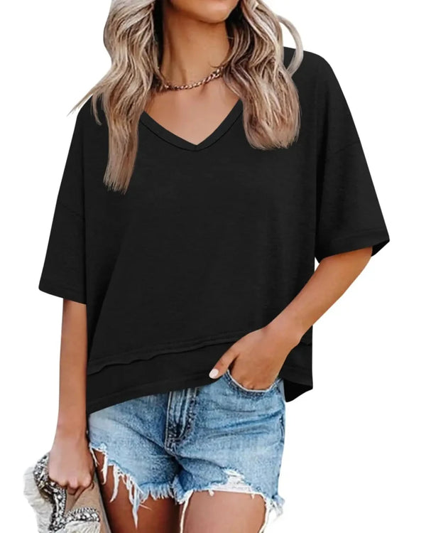 Women's V-Neck Summer Tee - Relaxed Fit Short-Sleeve Casual Top for Everyday Comfort