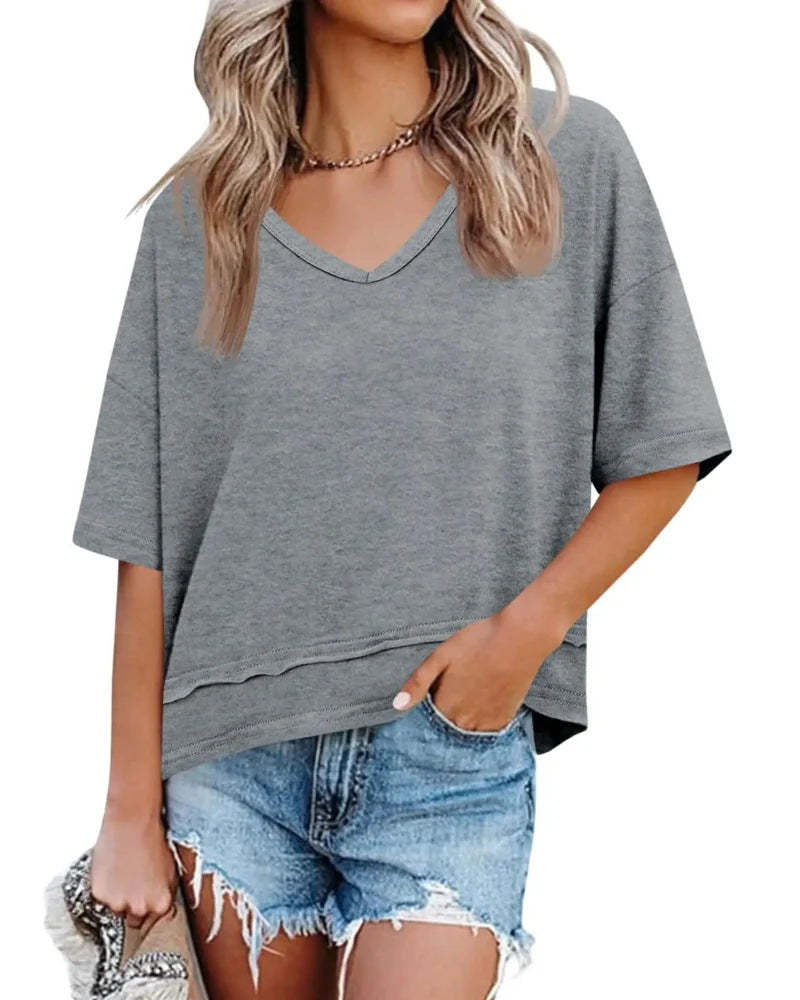 Women's V-Neck Summer Tee - Relaxed Fit Short-Sleeve Casual Top for Everyday Comfort