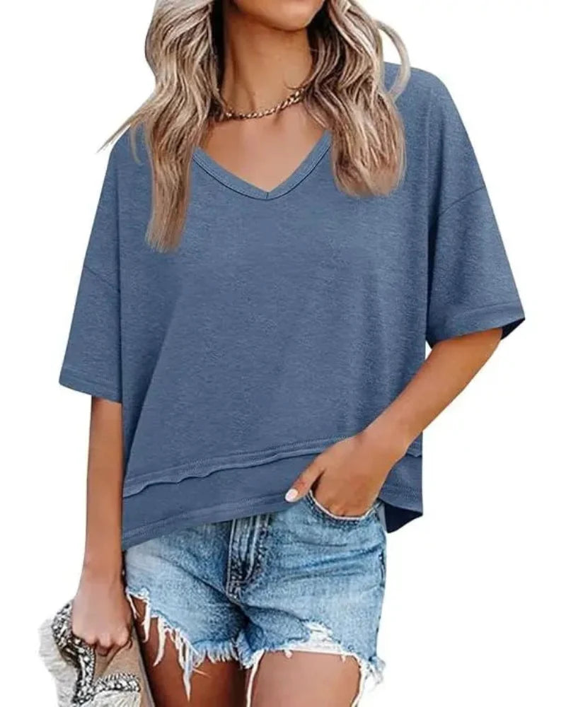 Women's V-Neck Summer Tee - Relaxed Fit Short-Sleeve Casual Top for Everyday Comfort