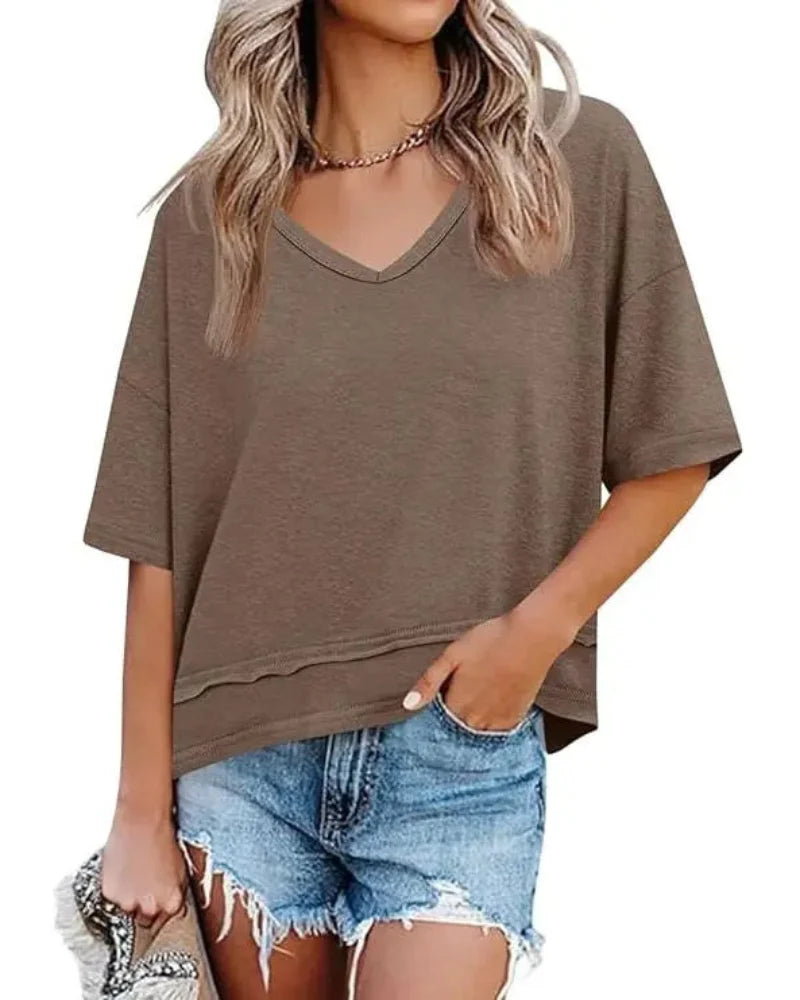 Women's V-Neck Summer Tee - Relaxed Fit Short-Sleeve Casual Top for Everyday Comfort