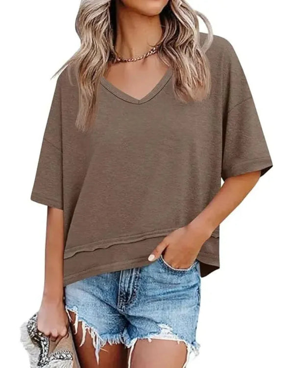 Women's V-Neck Summer Tee - Relaxed Fit Short-Sleeve Casual Top for Everyday Comfort