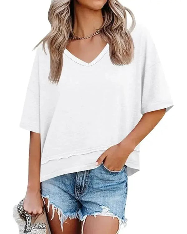 Women's V-Neck Summer Tee - Relaxed Fit Short-Sleeve Casual Top for Everyday Comfort