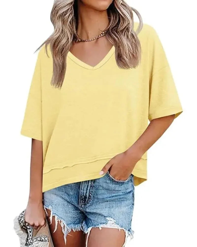 Women's V-Neck Summer Tee - Relaxed Fit Short-Sleeve Casual Top for Everyday Comfort