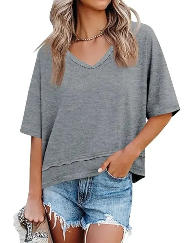 Women's V-Neck Summer Tee - Relaxed Fit Short-Sleeve Casual Top for Everyday Comfort