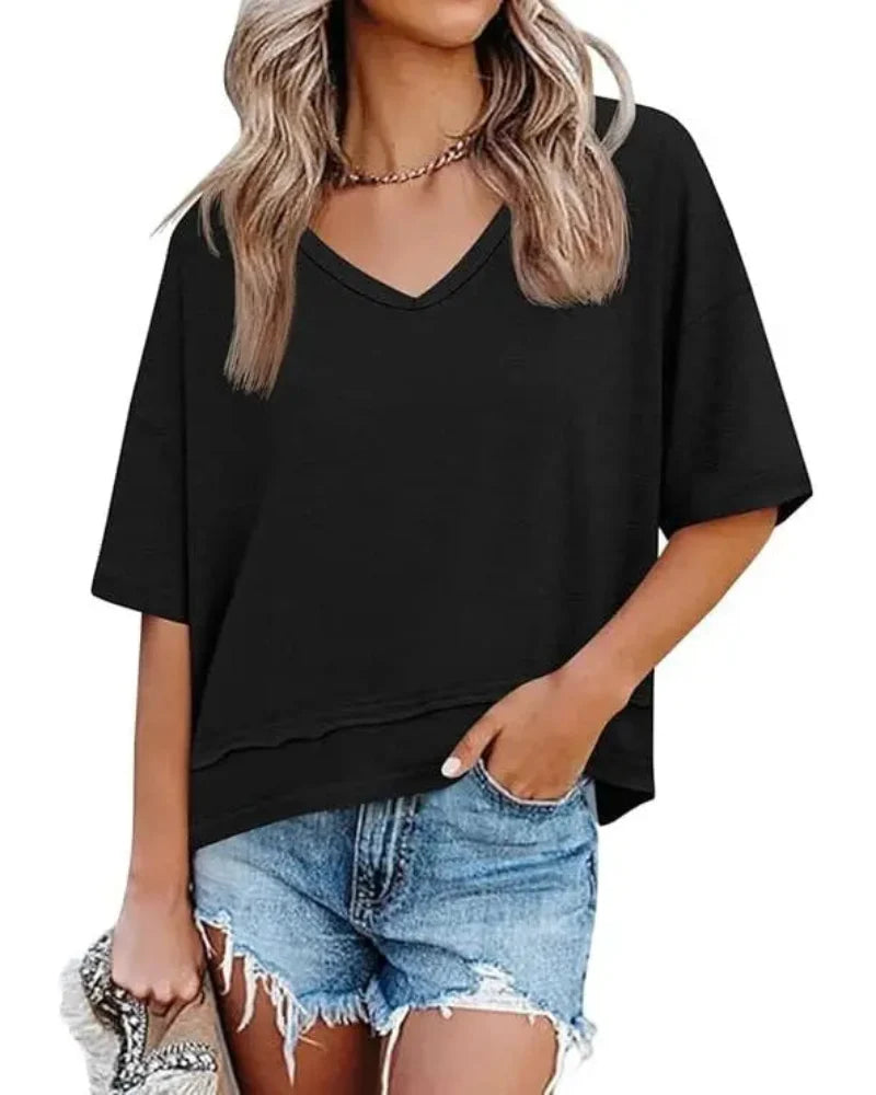 Women's V-Neck Summer Tee - Relaxed Fit Short-Sleeve Casual Top for Everyday Comfort