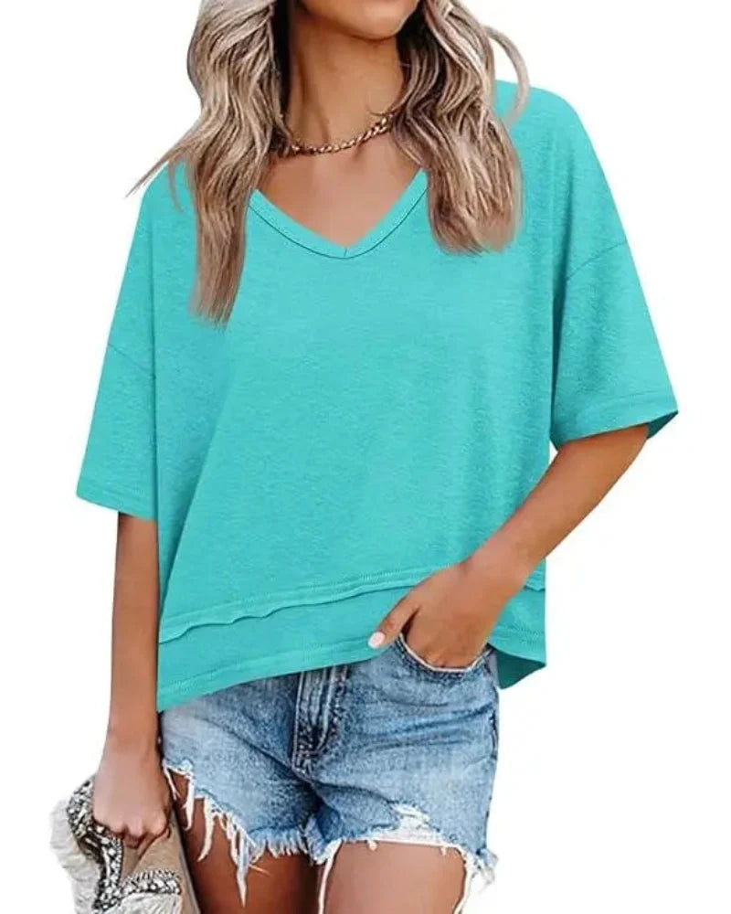 Women's V-Neck Summer Tee - Relaxed Fit Short-Sleeve Casual Top for Everyday Comfort
