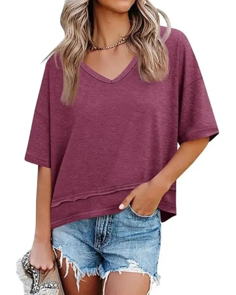 Women's V-Neck Summer Tee - Relaxed Fit Short-Sleeve Casual Top for Everyday Comfort