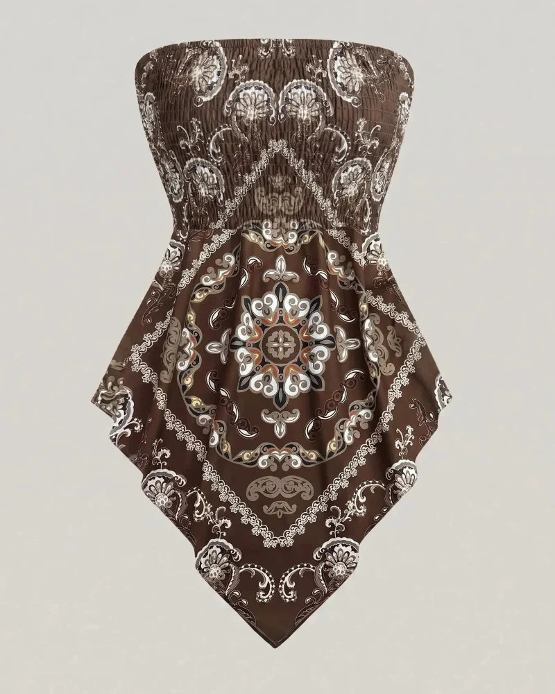 Boho-Chic Plus-Size Ethnic Print Tube Top with Asymmetric Hem