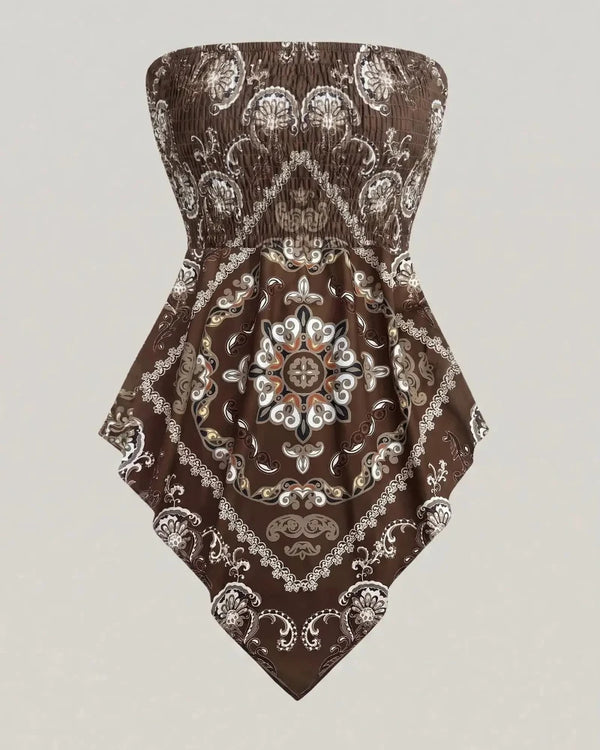 Boho-Chic Plus-Size Ethnic Print Tube Top with Asymmetric Hem
