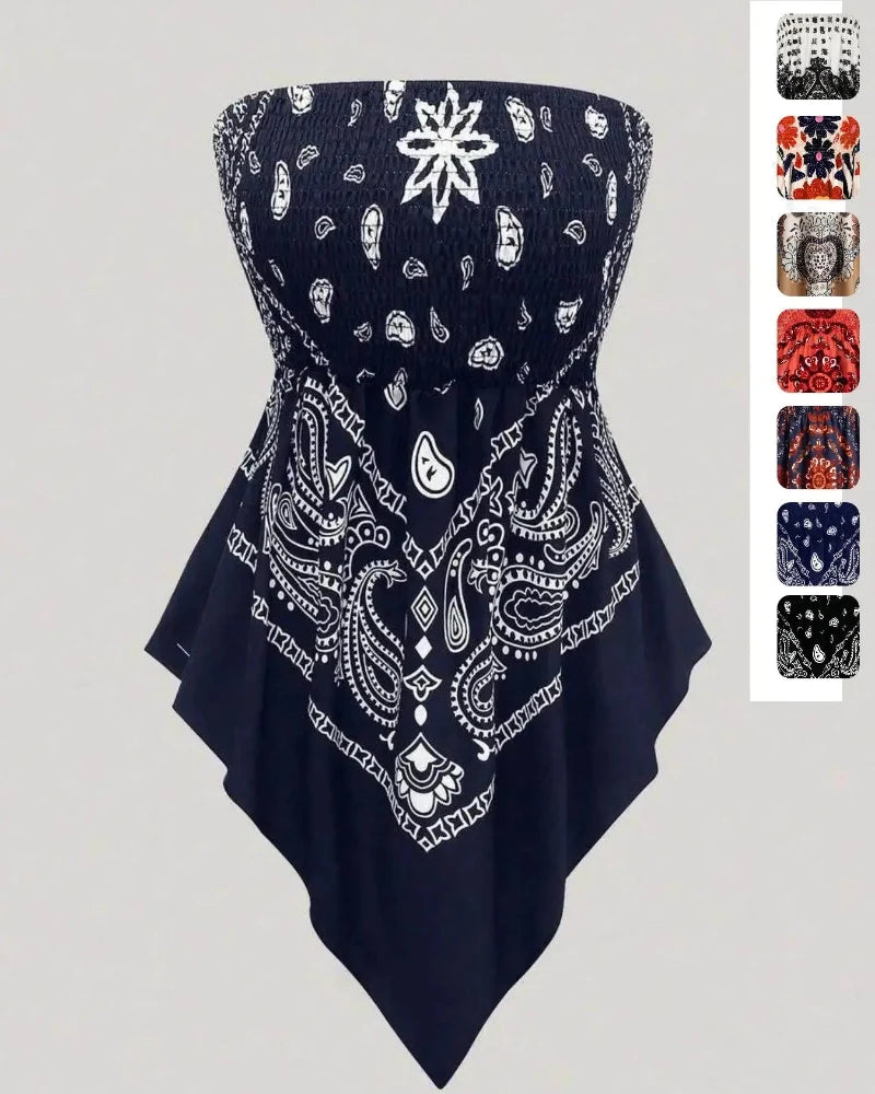 Boho-Chic Plus-Size Ethnic Print Tube Top with Asymmetric Hem