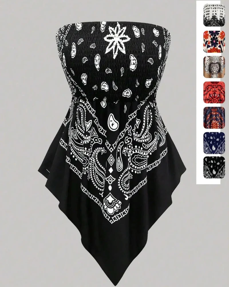 Boho-Chic Plus-Size Ethnic Print Tube Top with Asymmetric Hem