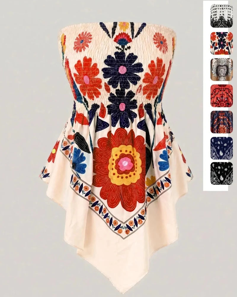 Boho-Chic Plus-Size Ethnic Print Tube Top with Asymmetric Hem